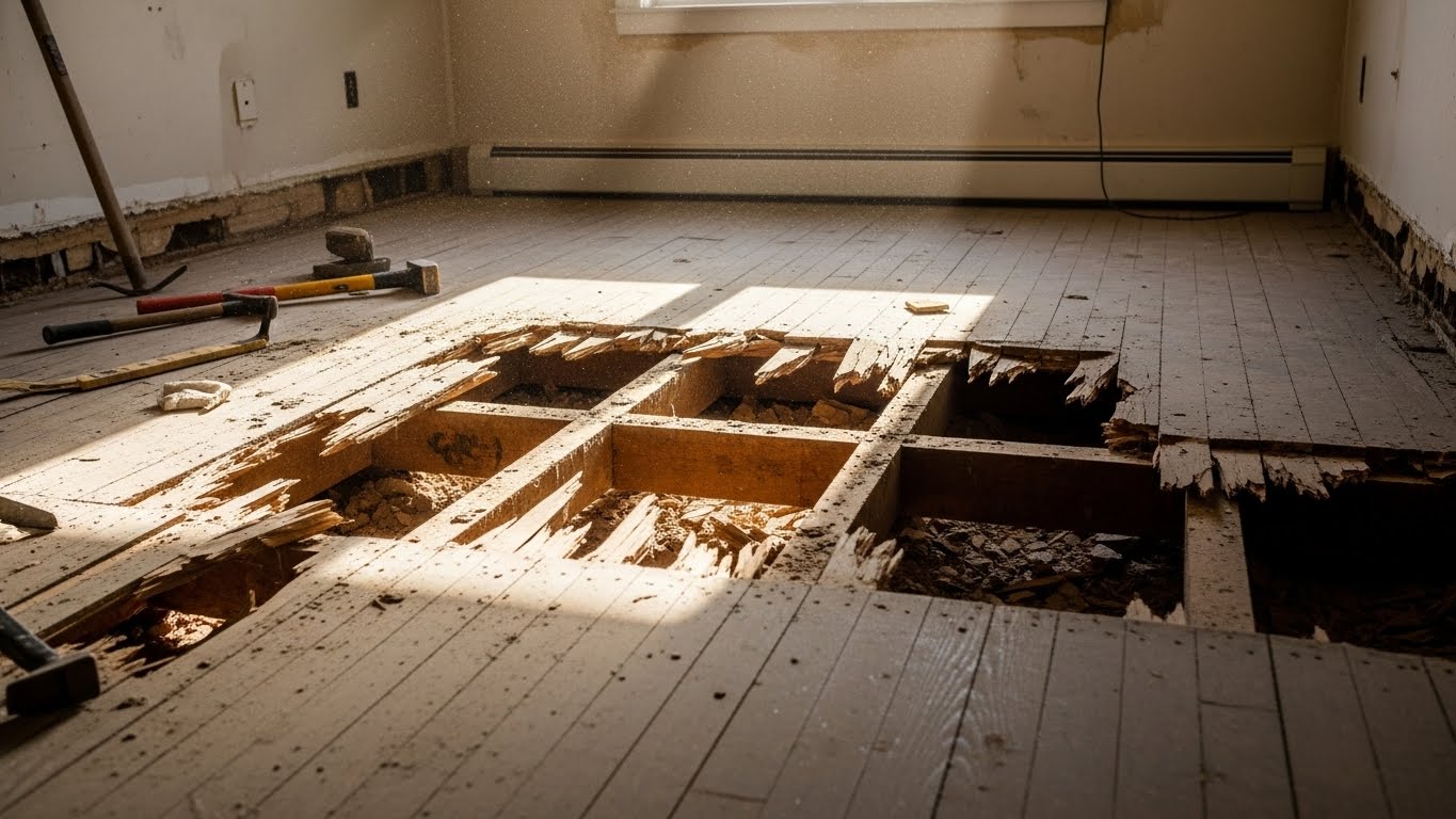 Room mid-demolition with old boards lifted and the bare subfloor exposed